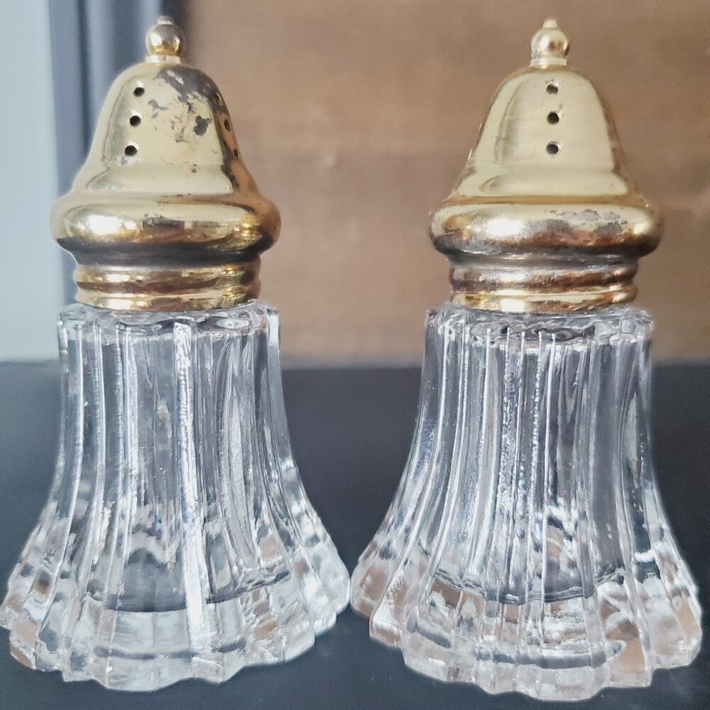 Vintage Fluted Glass Salt & Pepper Shakers with Gold Plated Tops Japan Made MCM